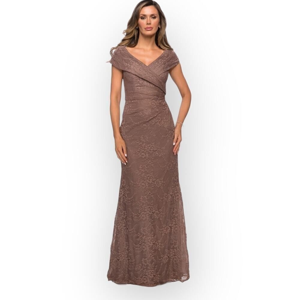 La Femme 27982 Gown Women's 2 Cocoa V-Neck Off Shoulder Knit Lace Long Dress